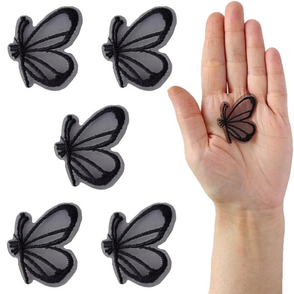S.A.V.I 5PCS Black Butterfly Appliqué Patches - Delicate Organza Lightweight Lace | Easy Sew-On for Crafts, Clothing, Accessories | Decorative Patch Set, Size 1.2x1.3 Inches
