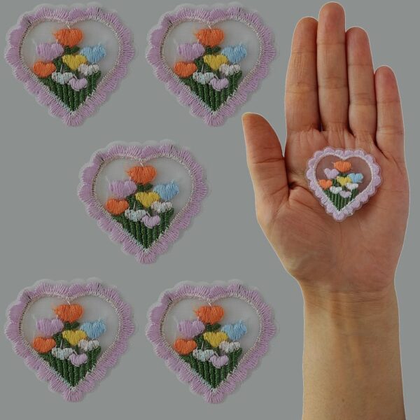 S.A.V.I Heart-Shaped Lavender Flower Non-adhesive Embroidered Patches - Set of 5 DIY Appliqués for Clothing like Dresses, Blouses, Scarves, Hats, Bags, Jackets, Vests, Skirts, T-Shirts, Sweaters, Tank Tops & Accessories