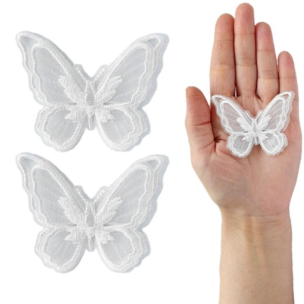 S.A.V.I 2PCS Embroidered Big Butterfly Appliqué Patches - Delicate Organza White Lace Design | Easy Sew-On Patches for Craft Projects, Clothing, Accessories | Decorative Patch Set (2.4x1.8)