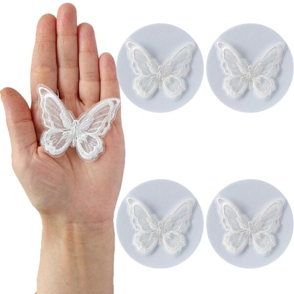 S.A.V.I 4PCS Embroidered Big Butterfly Appliqué Patches - Delicate White Lace Organza Design for Craft Projects, Clothing & Accessories | Easy Sew-On Patches | 2.3x1.8 inches