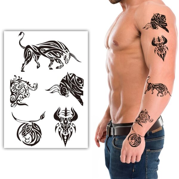 S.A.V.I Tribal Bull Temporary Tattoo Sheet - 1Pc Waterproof & Skin-Friendly, 21x15 cm Black Design, for Men’s Arms & Body Art, Stylish Tattoo Sticker for Parties & Festivals - Long-Lasting