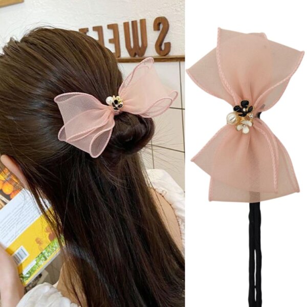 S.A.V.I Pink Lace Bow Hair Clip for Women & Girls | Stylish Floral Design with Pearl Accent | Elegant Hair Accessory for Casual & Party | Soft Fabric, Comfortable Fit | 32cm Hair Bow Clip - 1 Pc