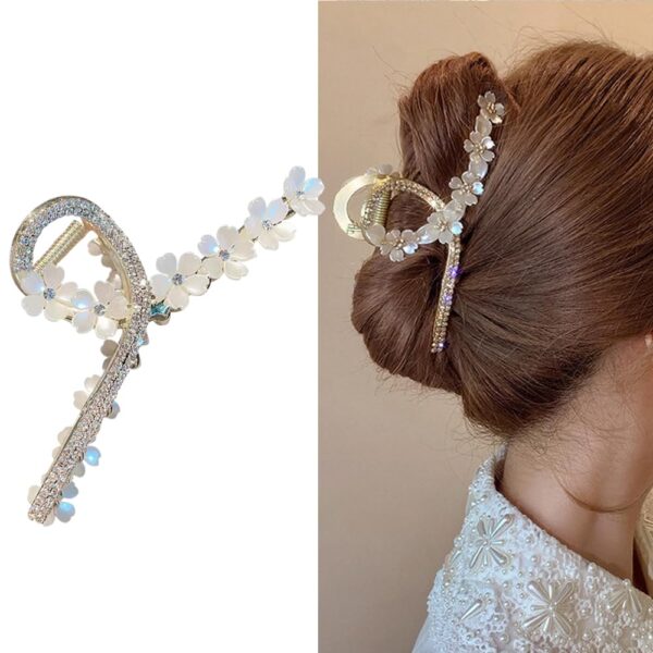 S.A.V.I Elegant Floral Shell Hair Clip with Rhinestones - White Flower Design for Women & Girls | Stylish Bun Holder | Bridal & Party Hair Accessory - 12cm Long (1 Pc)