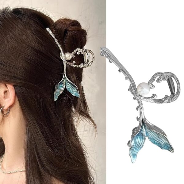S.A.V.I Silver Blue Mermaid Tail Hair Clip | Stylish Metal Hair Clutch with Pearl & Enamel Finish | Elegant Hair Accessories for Women | Festivals, Weddings | 13cm Large Design