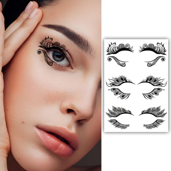 S.A.V.I 3 Pairs Stylish Black Temporary Eye Tattoo Stickers for Women | Intricate Floral & Feather Designs | Waterproof & Easy Application | Party, Festival, Makeup Looks | Long-Lasting Beauty