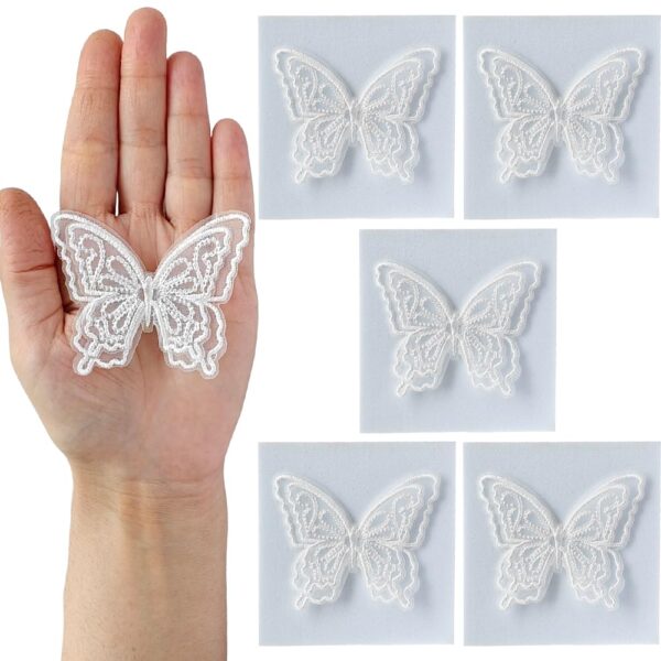 S.A.V.I 5PCS. Embroidered Butterfly Appliqué Patches - Delicate Organza White Lace Design | Easy Sew-On for Craft Projects, Clothing, Accessories | Ideal for DIY Decor (2.6x2.2 inches)