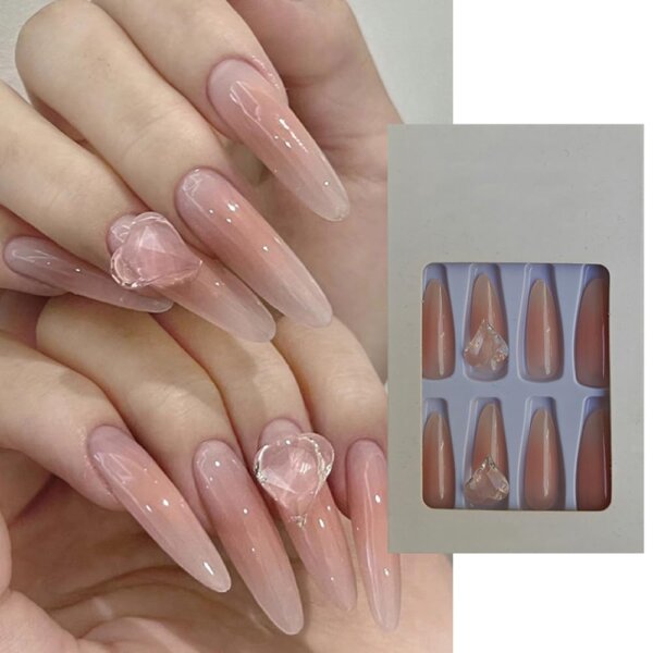 S.A.V.I 24 Pcs Long Nude Press On Nails with Heart Crystal | Reusable Glossy False Nails for Women & Girls | Stick-On Artificial Nail Extensions for Party, Wedding, Daily | Easy to Apply & Durable
