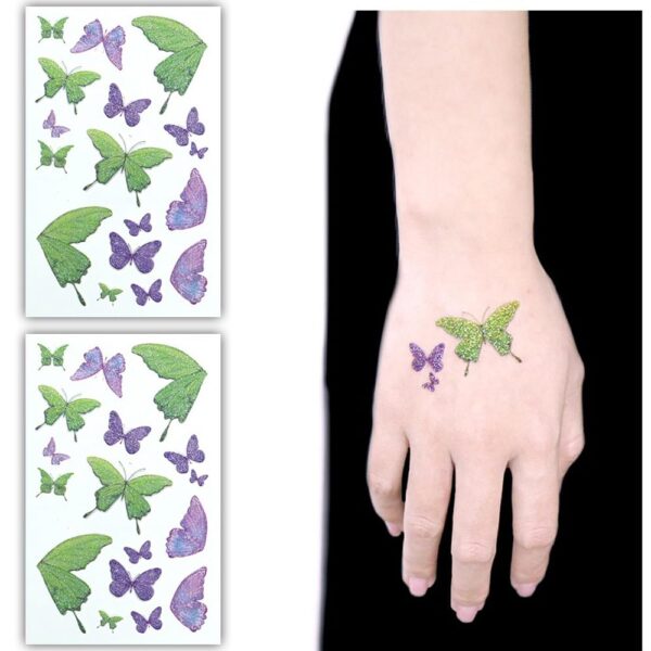 S.A.V.I Glitter Butterfly Temporary Tattoo Stickers – 2PCS Multicolor Green & Purple Shimmering Waterproof Tattoos for Kids & Adults, Hands, Arms & Body Art Decoration, Easy Application & Removal (12x7.5cm)