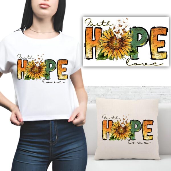 S.A.V.I Iron-On Heat Transfer Applique Patch – “Faith Hope Love” Sunflower Design, 4x8.5 inch | Washable & Durable DIY Sticker for T-Shirts, Hoodies, Bags, Denim, Pillows