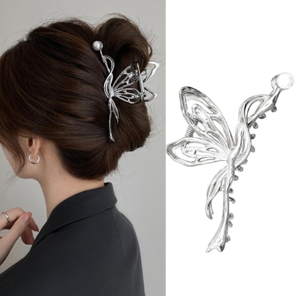 S.A.V.I Silver Butterfly Wing Hair Clutch | Elegant Metallic Hair Clip with Pearl Accent | Stylish Women’s Hair Accessory for Parties, Weddings | Durable 11.5cm x 6cm Design