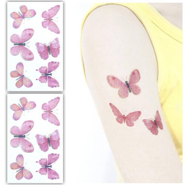 S.A.V.I 2pcs Glittery Butterfly Temporary Tattoo Sheets – Pink Glitter Design, Waterproof, Skin-Safe, Easy to Apply, 12cm x 7.5cm, Ideal for Kids, Parties, Festivals & Fashion