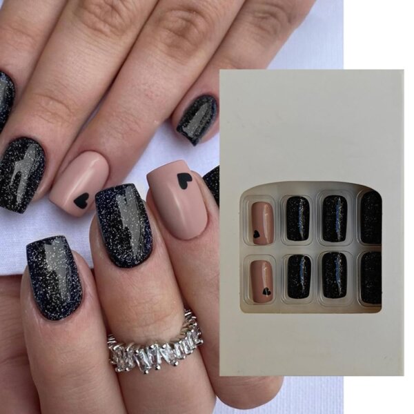 S.A.V.I 24 Pcs Nude & Glitter Press On Nails | Medium Length Square Shape Fake Nails | Heart Print & Glitter Design | Reusable Artificial False Nails for Women | Easy to Apply Nail Extensions | Manicure Set