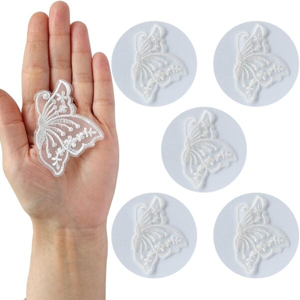 S.A.V.I 5PCS. Embroidered Butterfly Appliqué Patches - Delicate Organza White Lace Design | Easy Sew-On for Craft Projects, Clothing, Accessories | Ideal for DIY Decor (2.5x1.8 inches)