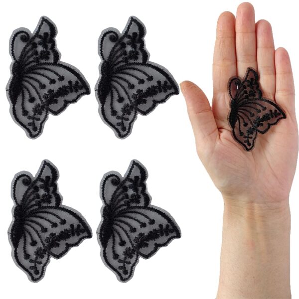 S.A.V.I 4PCS Black Butterfly Appliqué Patches | Delicate Organza Lace Design | Easy Sew-On Patches for Craft Projects, Clothing, Accessories | Decorative Patch Set (2.59x1.8 Inches)