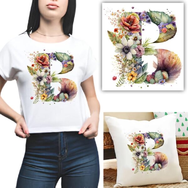 S.A.V.I 1PC Floral Alphabet Iron-On Patch – Washable Heat Transfer Sticker for DIY T-Shirts, Jeans, Pillows, Backpacks, Hats – Easy Applique with Beautiful Flower Design – Clothing & Accessories Patch (B)