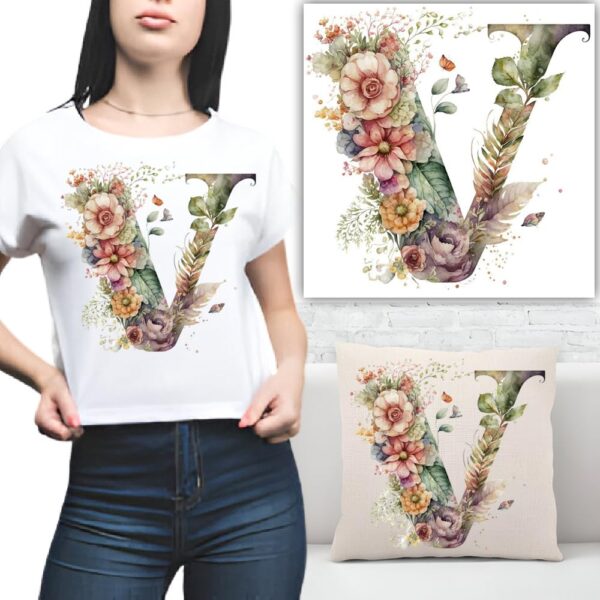 S.A.V.I 1PC Floral Alphabet Iron-On Patch – Washable Heat Transfer Sticker for DIY T-Shirts, Jeans, Pillows, Backpacks, Hats – Easy Applique with Beautiful Flower Design – Clothing & Accessories Patch (V)