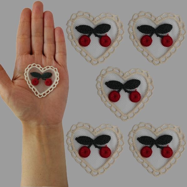 S.A.V.I Heart-Shaped Cherry Blossom Lace Appliqué, 5-Pack, Embroidered Sew-on Patch, Lightweight 0.55g, DIY Embellishment for Clothing & Accessories