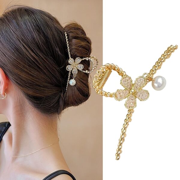 S.A.V.I Elegant Gold Metal Flower Hair Clutch Clip with Rhinestones & Pearl Charm – Stylish Hair Accessory for Women & Girls | Bridal, Party