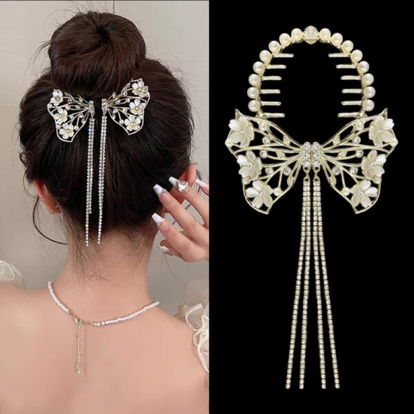 S.A.V.I Elegant Gold Bow Hair Clip for Women - Pearl & Rhinestone Tassel Hairpin | Floral Orchid Design Hair Accessories for Updos | Wedding, Party & Festivals | Durable & Stylish (1 Pc)