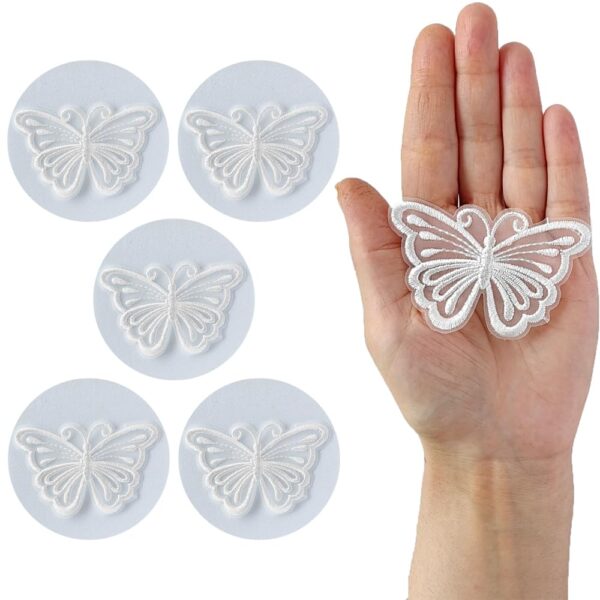 S.A.V.I 5PCS. Embroidered Butterfly Appliqué Patches - Delicate Organza White Lace Design | Easy Sew-On for Craft Projects, Clothing, Accessories | Ideal for DIY Decor (2.7x1.7 inches)