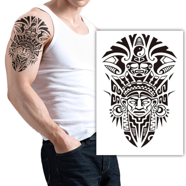 S.A.V.I 1Pc Black Tribal Aztec Warrior Design Temporary Tattoo Sheet – 21x15 cm, Waterproof & Skin-Safe – Bold Realistic Arm/Shoulder Body Art for Men – Long-Lasting Tattoo for Parties & Events