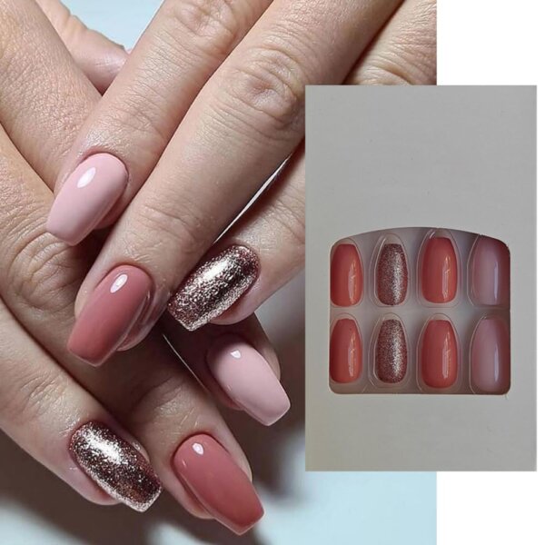 S.A.V.I 24 Pcs Pink Square Press-On Nails Set | Medium Length, Glossy & Glitter Artificial False Nails for Women & Girls | Long-Lasting, Easy to Apply DIY Manicure Kit | Reusable & Natural Look