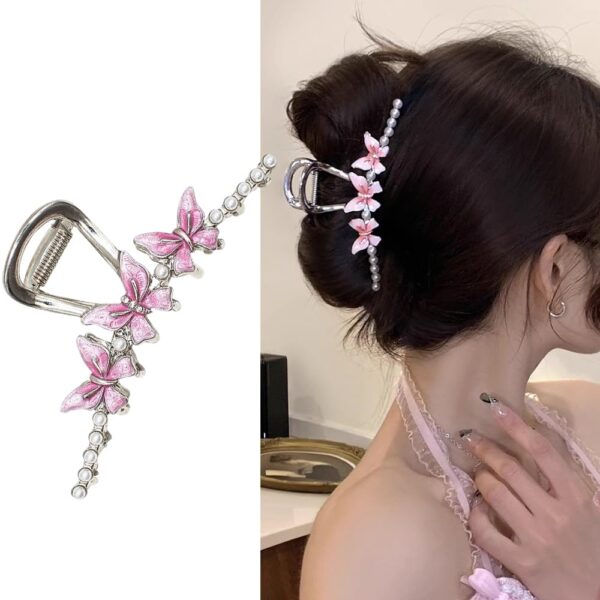 S.A.V.I 1pc Pink Enamel Butterfly Hair Clip with Pearls – Elegant Metal Hair Accessory for Women & Girls, Stylish 11.5 cm Hair Clutch for Party, Wedding