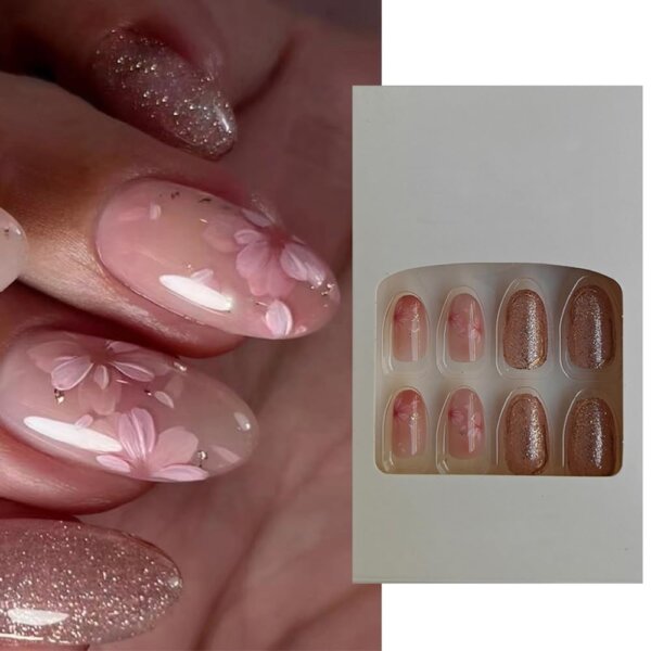 S.A.V.I 24 Pcs Medium Length Press-On Nails | Round Shape, Pink Floral Design with Glitter | DIY Artificial False Nails | Natural Look, Easy to Apply, Long-Lasting Stick-On Nails for Women & Girls
