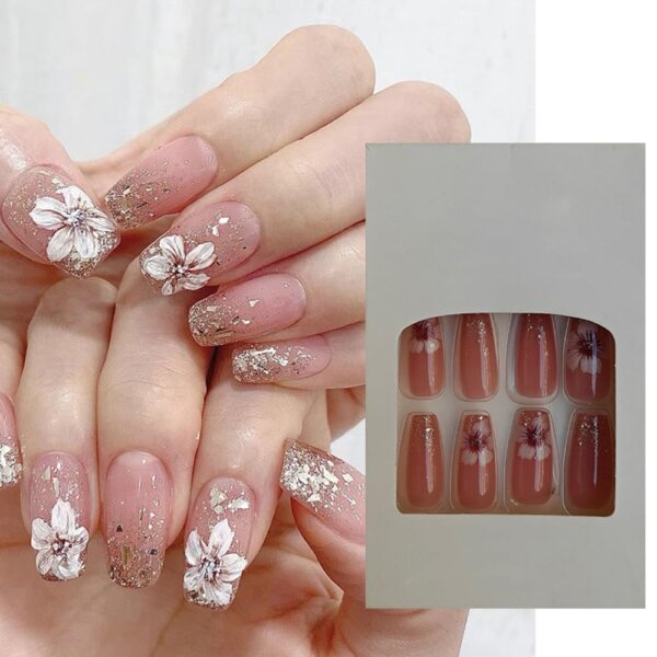 S.A.V.I 24 Pcs Long Coffin Fake Nails | Nude with Floral Print & Glitter | Reusable Press-On False Nails for Women & Girls | Easy to Apply, Durable & Chip-Resistant | Salon-Style Manicure at Home