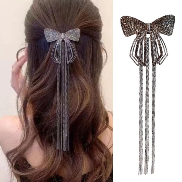 S.A.V.I 1Pc Gun Black Rhinestone Bow Hair Clip with Long Tassel Chains - Stylish Big Bow Design for Women & Girls, Elegant Hair Accessory for Party, Wedding & Festive Occasions