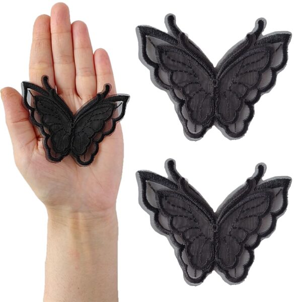 S.A.V.I 2PCS Embroidered Black Butterfly Appliqué Patches - Organza Lace Design | Easy Sew-On for Craft Projects, Clothing, Accessories | Decorative Patch Set (2.3x3 Inches)