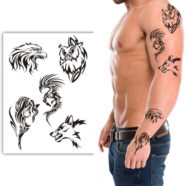 S.A.V.I 1Pc Tribal Design Temporary Tattoo Sheet for Men - Black Waterproof Body Art with Eagle, Wolf, Owl & Warrior Patterns - 21x15 cm Stylish Arm Tattoos - Easy to Apply & Remove, for Parties & Festivals