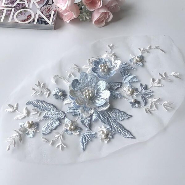 S.A.V.I 1PC 3D Flower Beaded Mesh Lace Fabric with Butterfly Embroidery Applique | Sew-on for Wedding Dress Decoration | Elegant Bridal Fabric | Best Crafting Material (Blue)