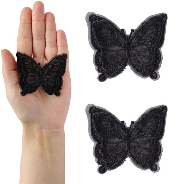 S.A.V.I 2PCS Embroidered Black Butterfly Appliqué Patches - Organza Lace Design | Easy Sew-On for Craft Projects, Clothing, Accessories | Decorative Patch Set (2.4x2 Inches)