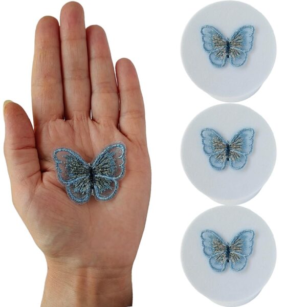S.A.V.I 3 PCS. Butterfly Embroidered Appliqué Patches, Sew-On, Lightweight, 4.1 x 3.2 cm, Ideal for DIY Clothes, Dresses, Scarves, Bags, Accessories, Crafts (Blue)