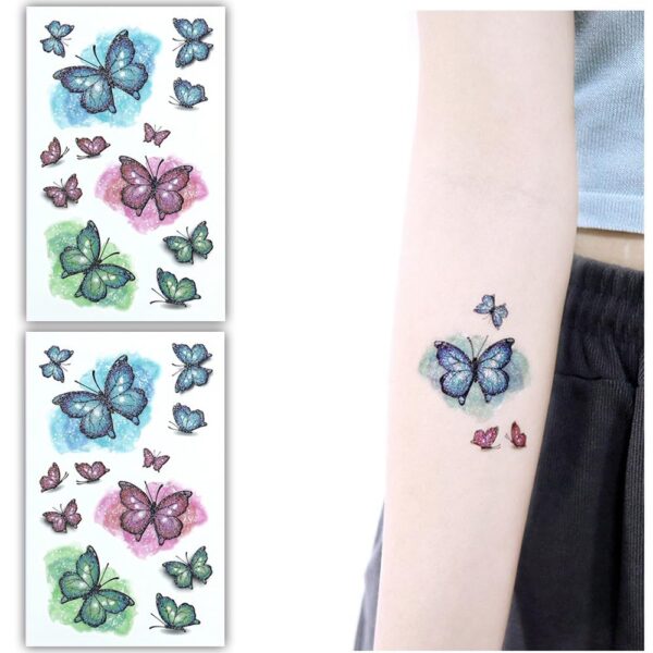 S.A.V.I 2pcs. Glitter Butterfly Temporary Tattoo Stickers – Sparkly Blue, Pink, Green & Purple Designs – Vibrant, Waterproof Tattoos for Girls & Women – Party, Festival, Gift (7.5x12cm)