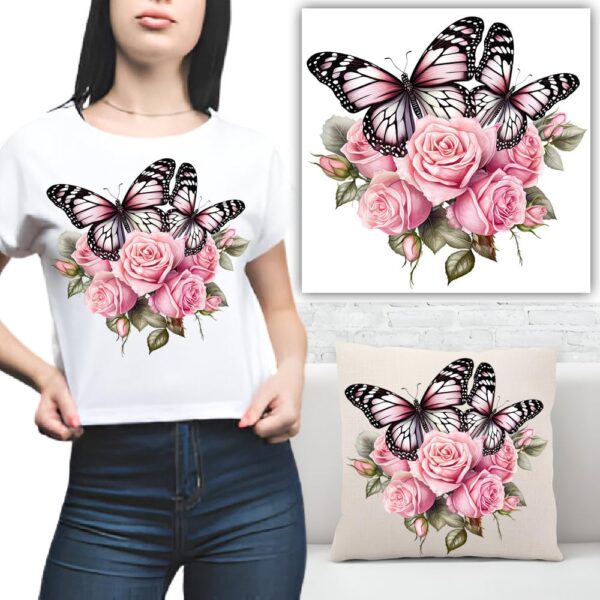 S.A.V.I Pink Butterfly & Roses Iron-On Patch (8.5x7 Inch) | DIY Heat Transfer Applique for T-Shirts, Hoodies, Denim, Pillows, Bags | Washable Fabric Sticker for Clothes & Backpacks - Easy, Durable Design