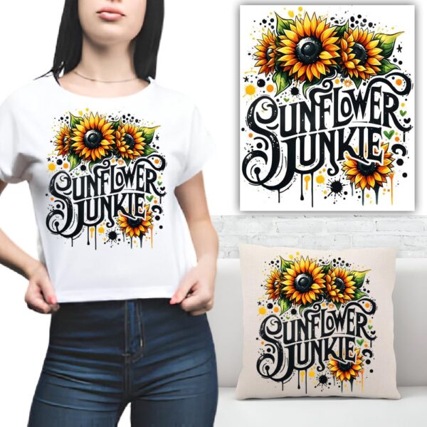 S.A.V.I Sunflower Junkie Iron-On Heat Transfer Patch - 1PC, 8.5x7 Inch DIY Fabric Sticker for T-Shirts, Hoodies, Bags, Denim & Pillows - Bright Sunflower Design, Washable & Durable, Easy Application