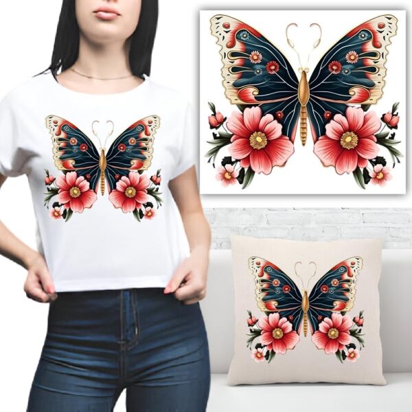 S.A.V.I Colorful Butterfly & Floral Iron-On Patch, 8x8.5 Inch, for T-Shirts, Hoodies, Jeans, Backpacks – Heat Transfer Applique, Washable & Durable DIY Sticker for Custom Clothing, Pillow Décor