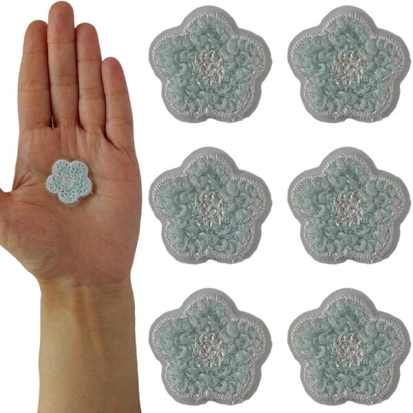 S.A.V.I Set of 6 DIY Flower-Shaped Silver & Light Blue - Non-Adhesive Embroidered Appliqué Patches for Clothes, Bags, Jackets, Hats, Craft Decoration