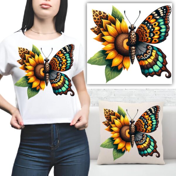 S.A.V.I Butterfly Sunflower Heat Transfer Sticker 8.5x7 Inch | Washable DIY Iron-On Applique Patch for T-Shirts, Hoodies, Jeans, Backpacks, Pillows | Vibrant Multicolor | Durable & Easy to Apply