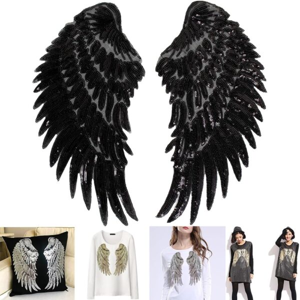 S.A.V.I 1 Pair Large Sequin Angel Wings Iron-On Patch | DIY Applique for T-Shirts, Jeans, Backpacks, Pillows | Washable Heat Transfer Sticker | Fashion & Craft Projects (Black)
