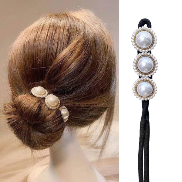 S.A.V.I Elegant Pearl Hair Curler Clip | 3-Pearl Gold Finish Design | Soft Black Band 30.5 cm for Easy Bun Styling | Hair Accessory for Women & Girls | Stylish Updos & For All Occasions