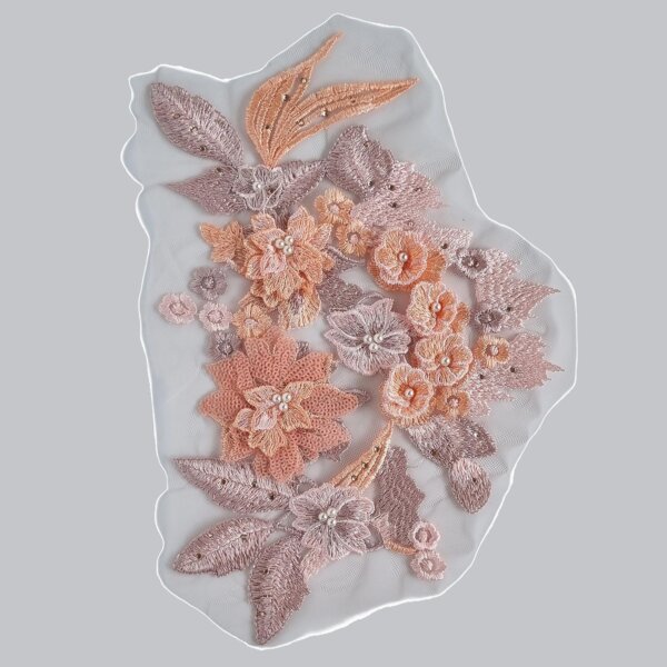 S.A.V.I 3D Floral Embroidered Applique Patch | Peach & Gold Mesh Lace Fabric (30x20cm) | Sew-On for Bridal Wear, Lehengas, Sarees, Gowns, Blouses, DIY Dresses & Craft Sewing Accessories
