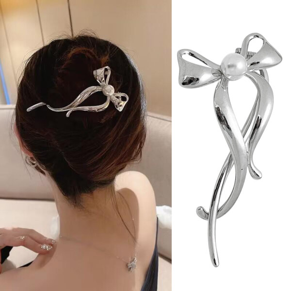 S.A.V.I Silver Bow-Shaped Metal Hair Clip for Women | Stylish Pearl Accent Hair Clutch | Elegant Party, Festive & Casual Hair Accessory | Durable & Lightweight Design (11.2 x 5.1 cm)