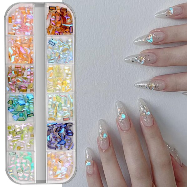 S.A.V.I Aurora 3D Nail Art Rhinestones – 12-Grid Box | Multicolor Resin Crystals | Color-Changing Flatback Charms | Mixed Shapes & Sizes for DIY Nail Decoration, Manicure, Acrylic Nail Styling