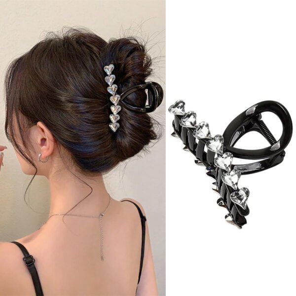 S.A.V.I Luxury Black Hair Claw Clip for Women | Heart Crystal Studded Big Hair Clutch | Strong Grip & Elegant Design | Stylish Juda & Bun Holder | Diamond Sparkle Look Hair Accessory | Trendy Party Clip