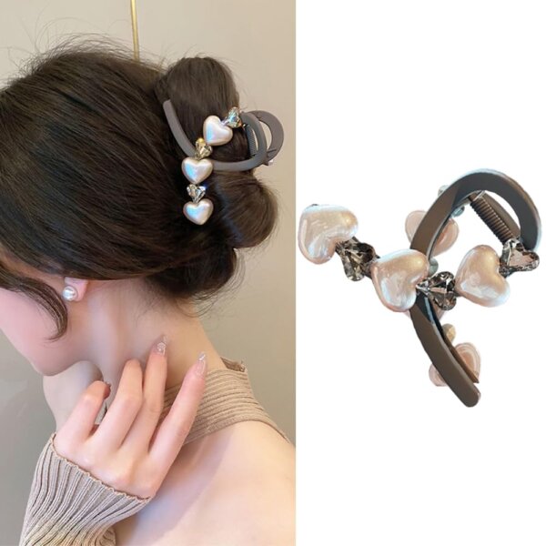 S.A.V.I Heart & Crystal Hair Claw Clip for Women & Girls | Elegant Pearl Finish | Brown Matte Grip | Strong Hold for Bun & Ponytail | Stylish & Durable Hair Accessory for Casual, Party & Office
