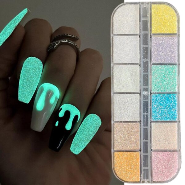 S.A.V.I Glow-in-The-Dark Glitter Powder for Nail Art – 12 Candy Colors | Luminous Neon Sugar Glitter Dust for Acrylic DIY Manicure | Long-Lasting, Easy-to-Apply Nail Decoration | Nail Tech Must-Have