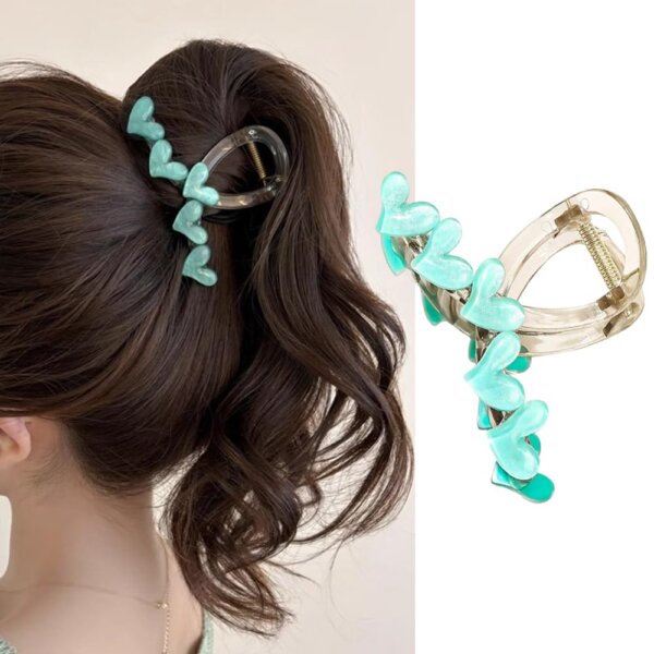 S.A.V.I Cyan Heart Shape Hair Clutch Clip for Women & Girls | Strong Grip & Stylish Claw Clip for Thick & Long Hair | Elegant & Trendy Hair Accessory for Daily & Party | Durable & Lightweight Design